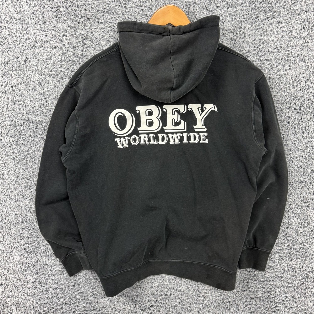 Obey Hoodie Adult Large Black Graphic Sweatshirt Pullover Skate Thrashed Faded